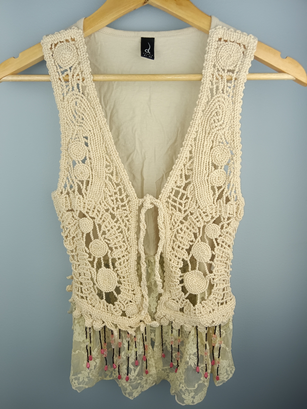 Awake by Os Cream Crochet Vest with Lace And Beaded Fringe Festival Wear